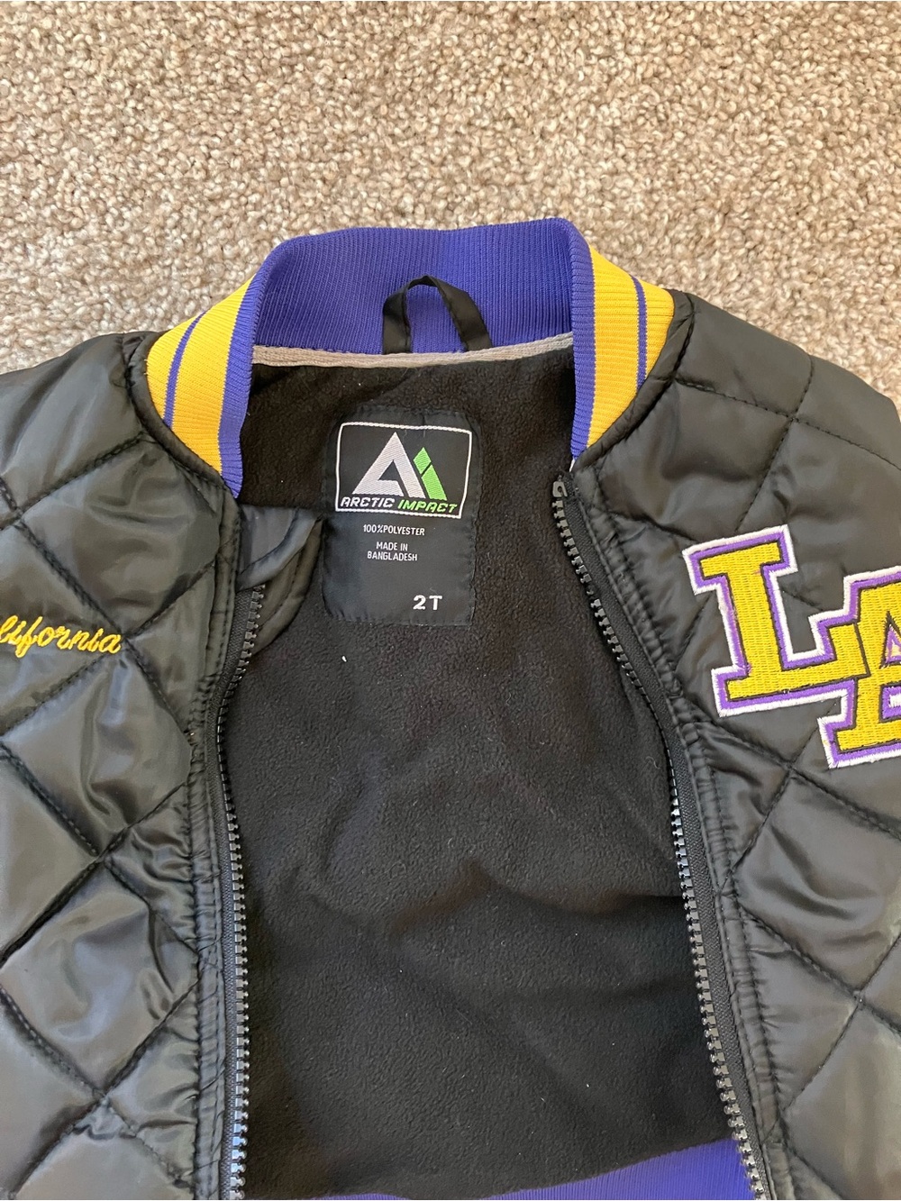 LA Lakers Quilted Black and Yellow Bomber Jacket - Picture 2 of 3